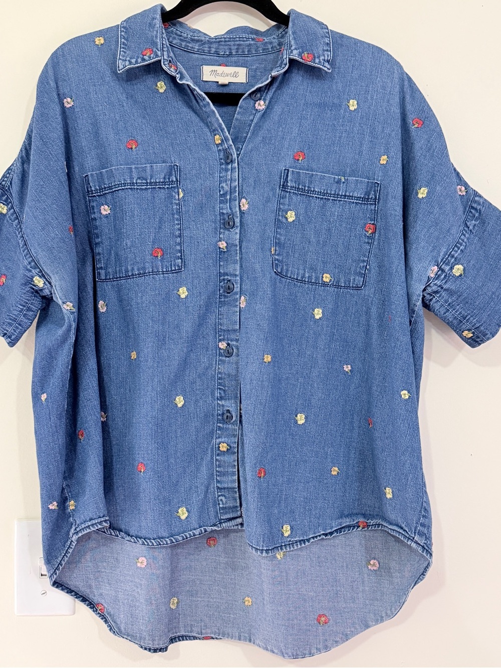 Madewell Embroidered Chambray Denim Shirt Floral Button Front Top size Large
